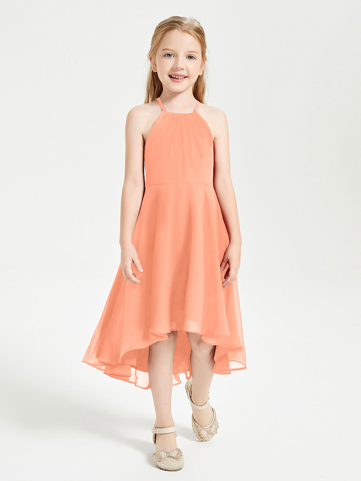 Tea Length Junior Bridesmaid Dresses with Asymmetrical Skirts Papaya